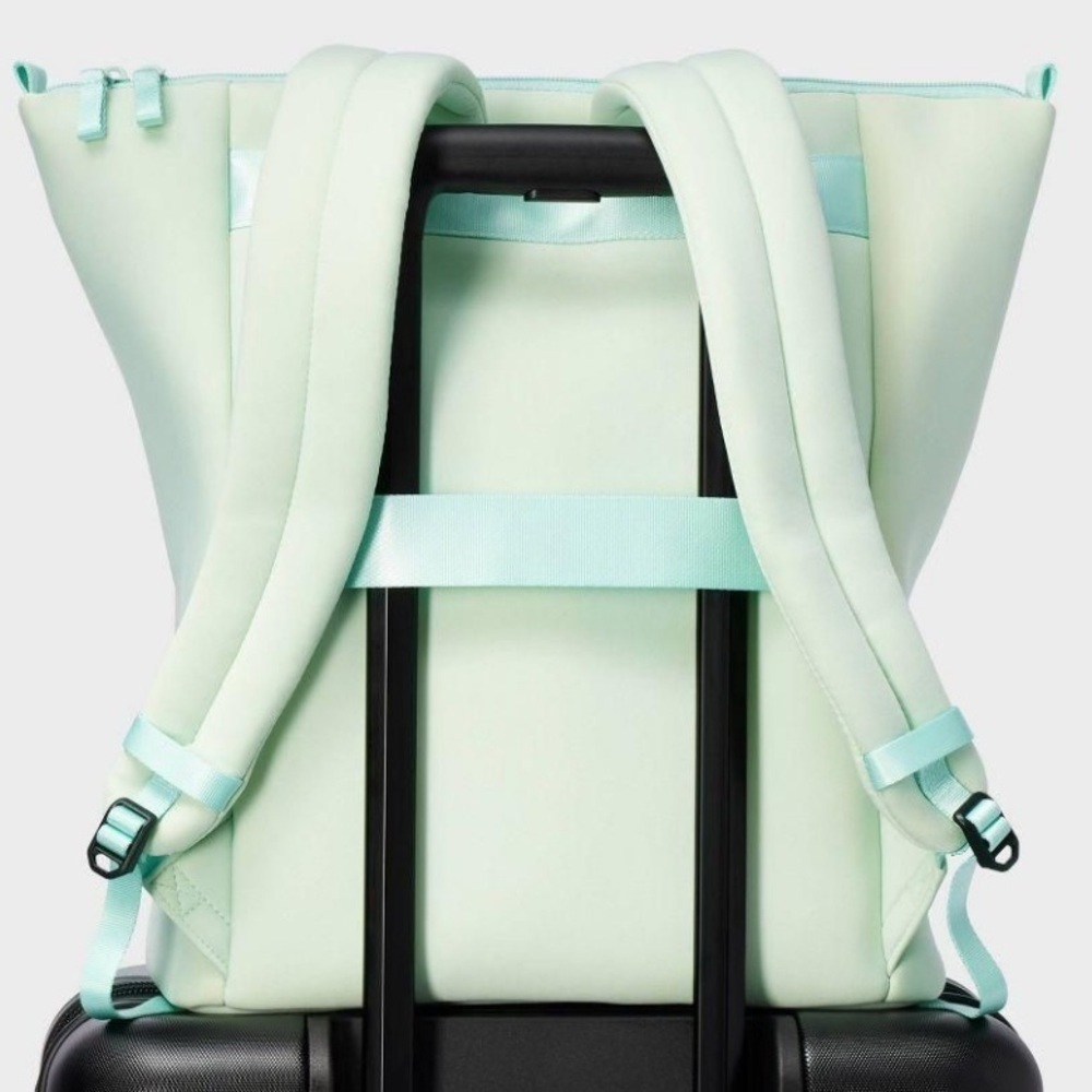 All in Motion16" Faux Neoprene Scuba Tote Backpack Green Blue Luggage Strap - Picture 2 of 6